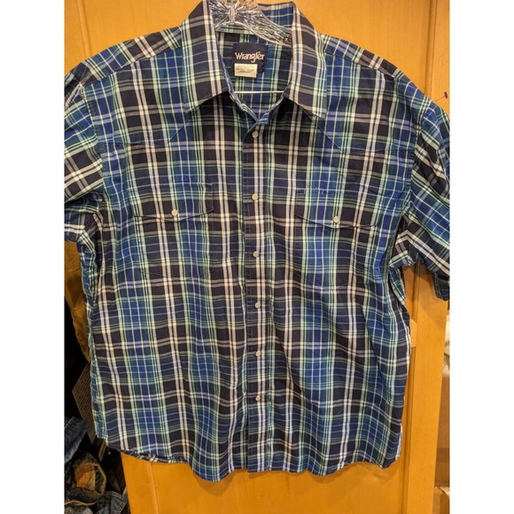 Wrangler Western Pearl Snap Short Sleeve‎ Plaid Pockets Shirt Men's XL 100% Cott - Picture 1 of 3